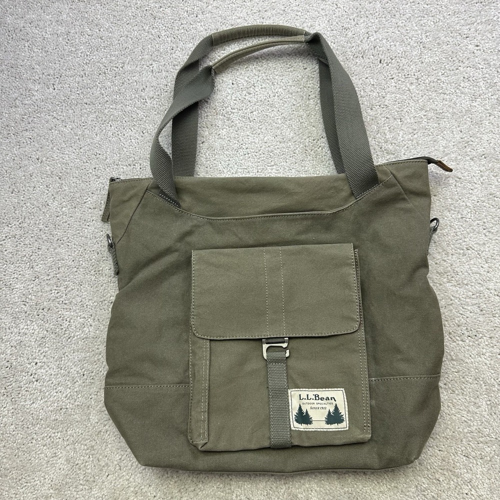 Vtg LL BEAN Tote Messenger Bag Army Green W/ Plaid Lining Crossbody Strap